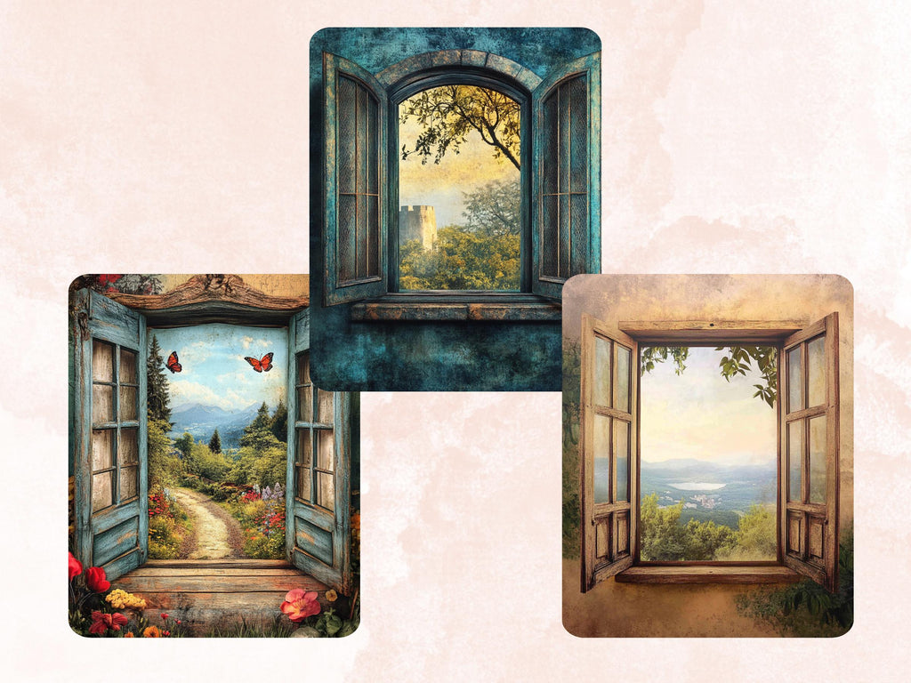 Windows into Whimsy Collage Paper, Surreal Open Window Mixed Media Sheet, Fantasy Window Background, Whimsical Ephemera, Journal, Scrapbook