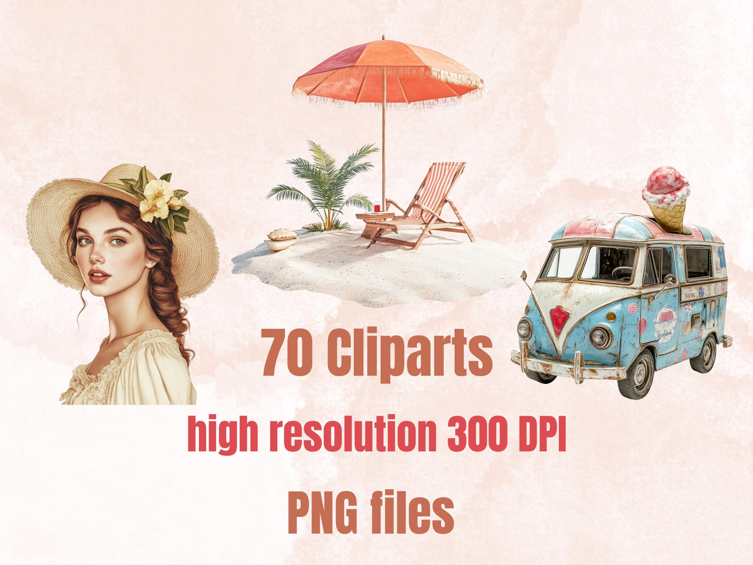 Sun-Kissed Whimy Collage Elements, Whimsical Beach Woman Fussy Cut, Quirky Vacation Clipart, Summer Junk Journal, Surreal Clipart Background