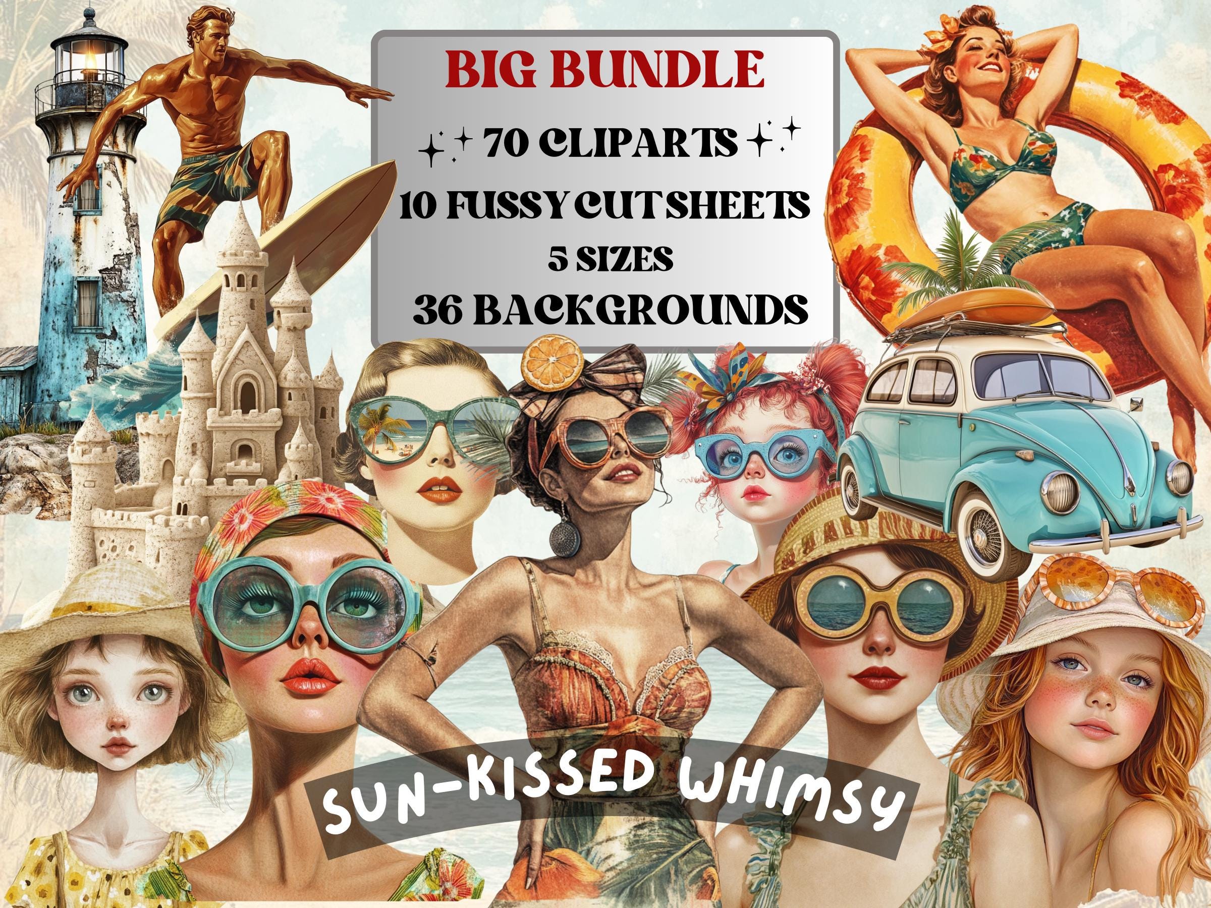 Sun-Kissed Whimy Collage Elements, Whimsical Beach Woman Fussy Cut, Quirky Vacation Clipart, Summer Junk Journal, Surreal Clipart Background