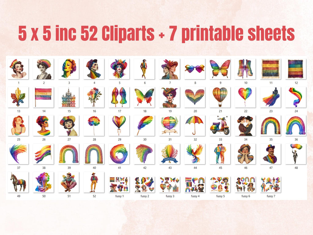 Whimsy Pride Collage Elements, Whimsical Surreal LGBT Fussy Cut, Quirky Rainbow LGBT Clipart, Gay Lesbian Junk Journal, Clipart Background