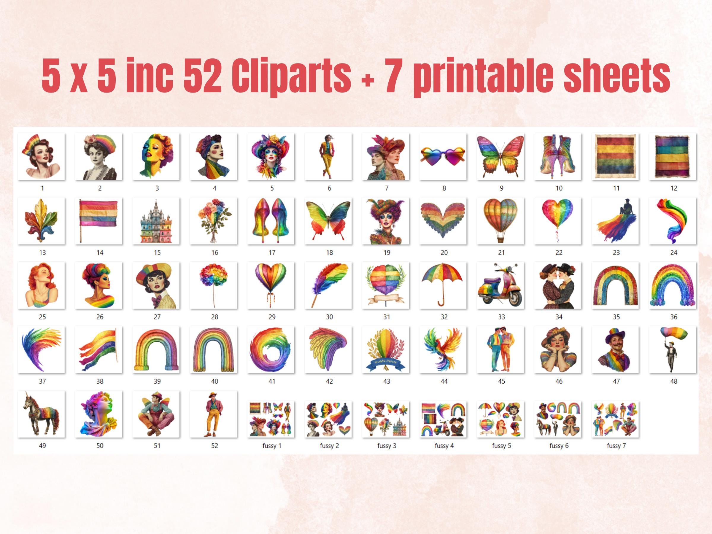 Whimsy Pride Collage Elements, Whimsical Surreal LGBT Fussy Cut, Quirky Rainbow LGBT Clipart, Gay Lesbian Junk Journal, Clipart Background