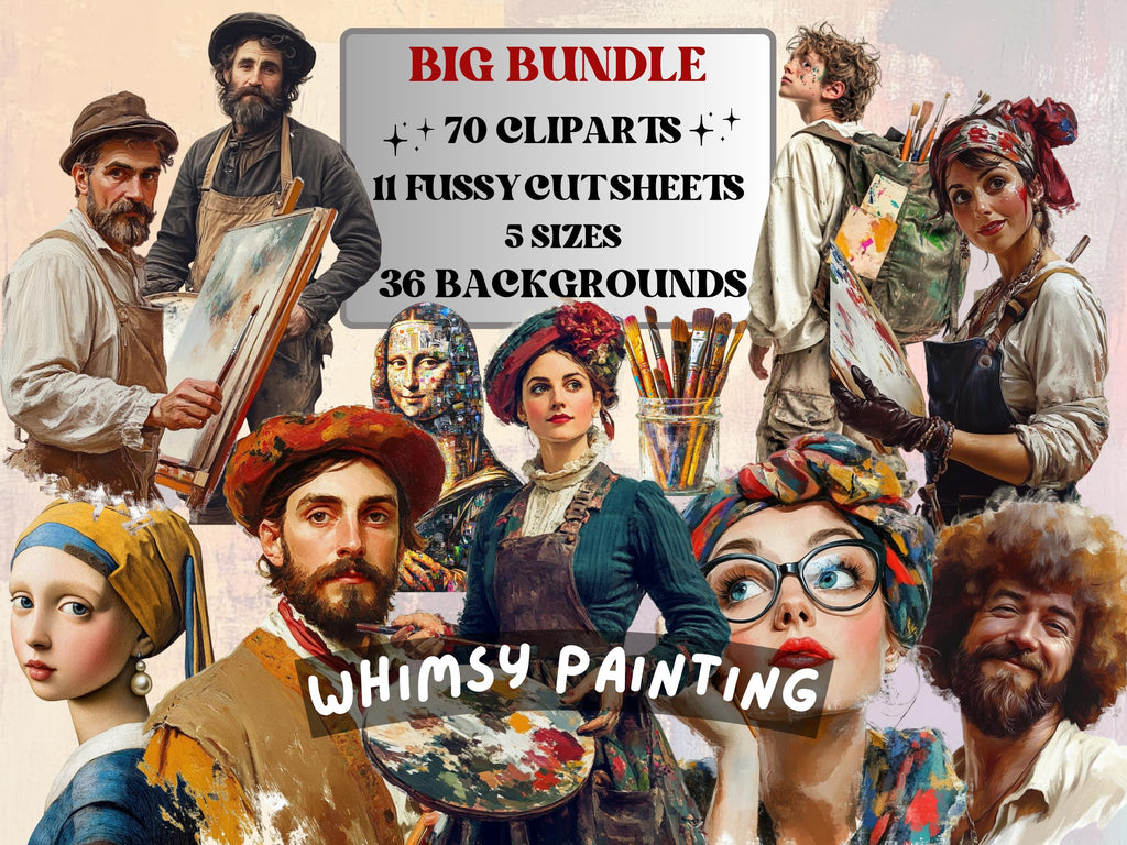 Whimsy Painting Collage Pack, Painter's Ephemera Fussy Cut Sheet, Artist Scrapbook, Surreal Background, Digital Art Cut-Outs Collection