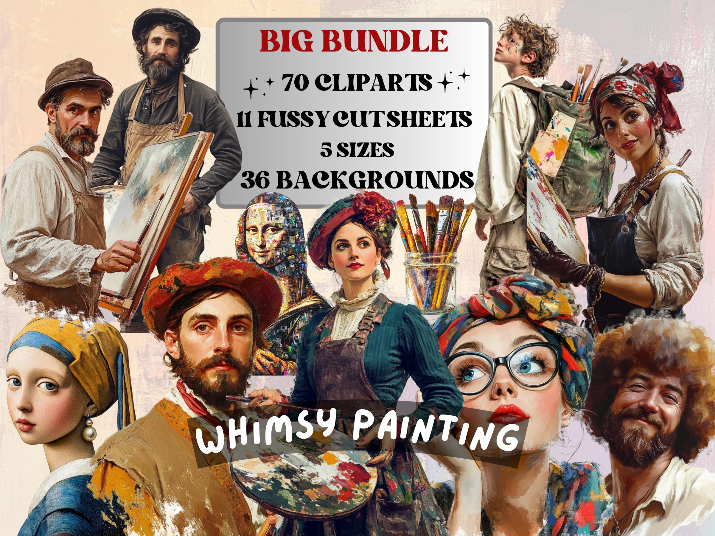 Whimsy Painting Collage Pack, Painter's Ephemera Fussy Cut Sheet, Artist Scrapbook, Surreal Background, Digital Art Cut-Outs Collection
