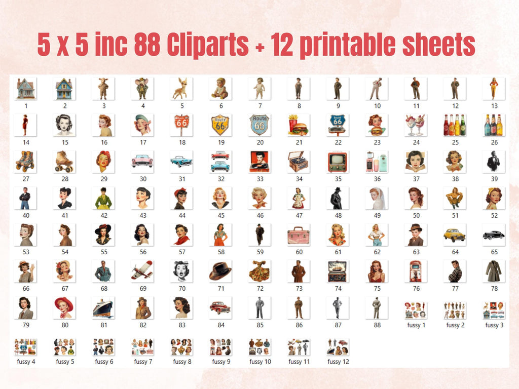 Vintage Nostalgia Collage Elements, Whimsical Surreal 1940's-1950's Fussy Cut, Quirky Weird Clipart, Retro Journal, Clipart Background Set