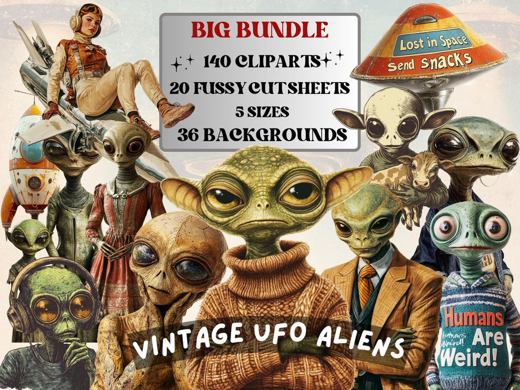 Vintage UFO Aliens Collage Set, Whimsical Surreal Celestial Cut Outs, Quirky Space Clipart, Fantasy Journal Pages, Collage Paper Ephemera