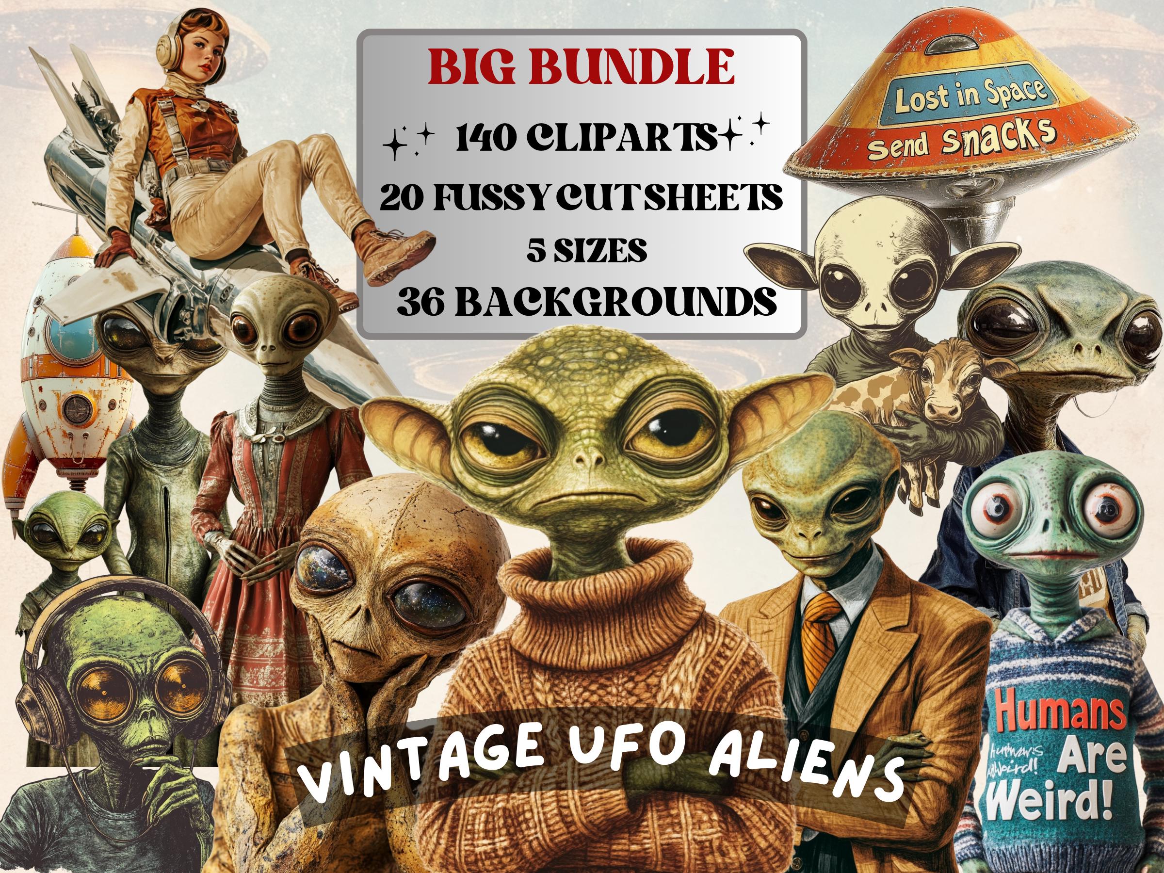 Vintage UFO Aliens Collage Set, Whimsical Surreal Celestial Cut Outs, Quirky Space Clipart, Fantasy Journal Pages, Collage Paper Ephemera