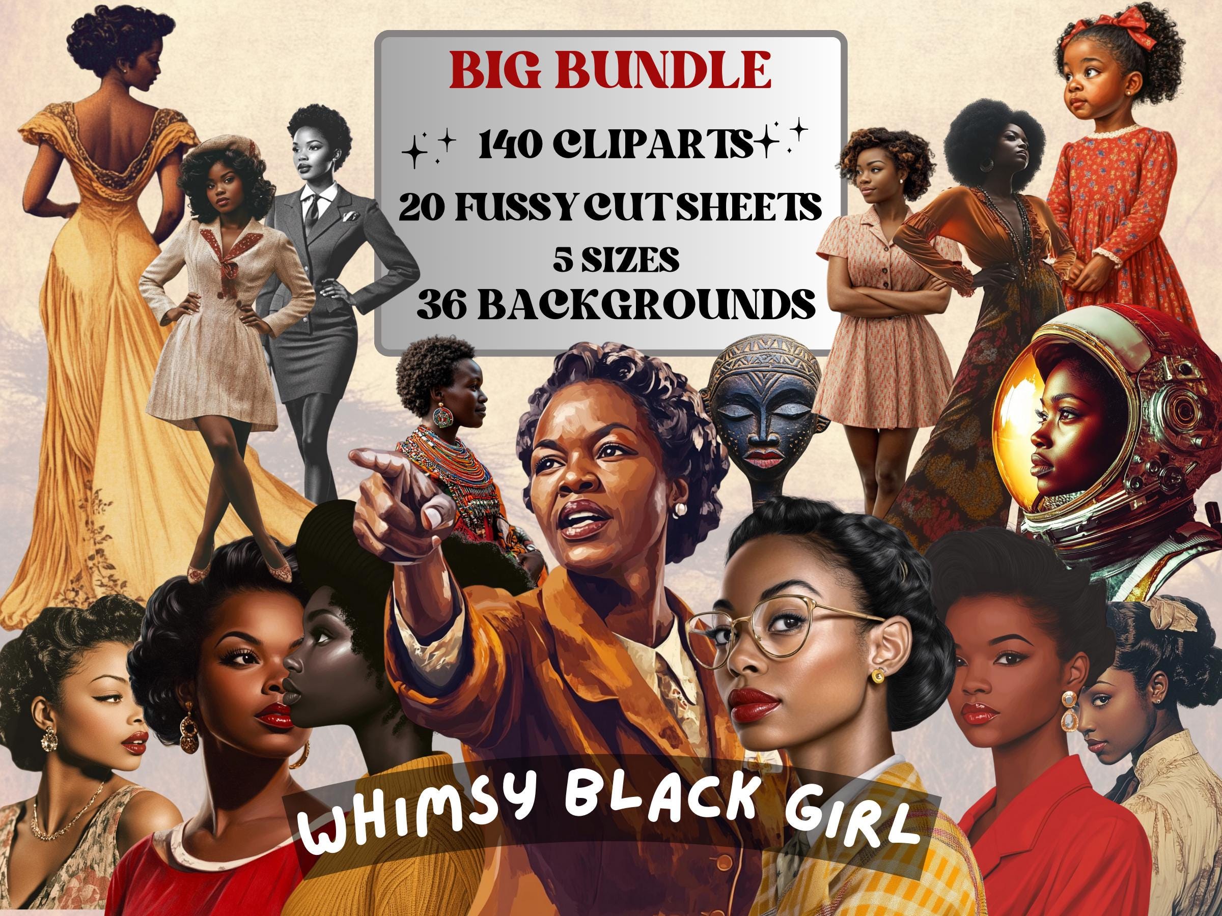 Whimsy Black Girl Collage Set, Whimsical Surreal Melanin Cut Outs, Black Woman Clipart, Afro Girl Journal Pages, Collage Paper Ephemera