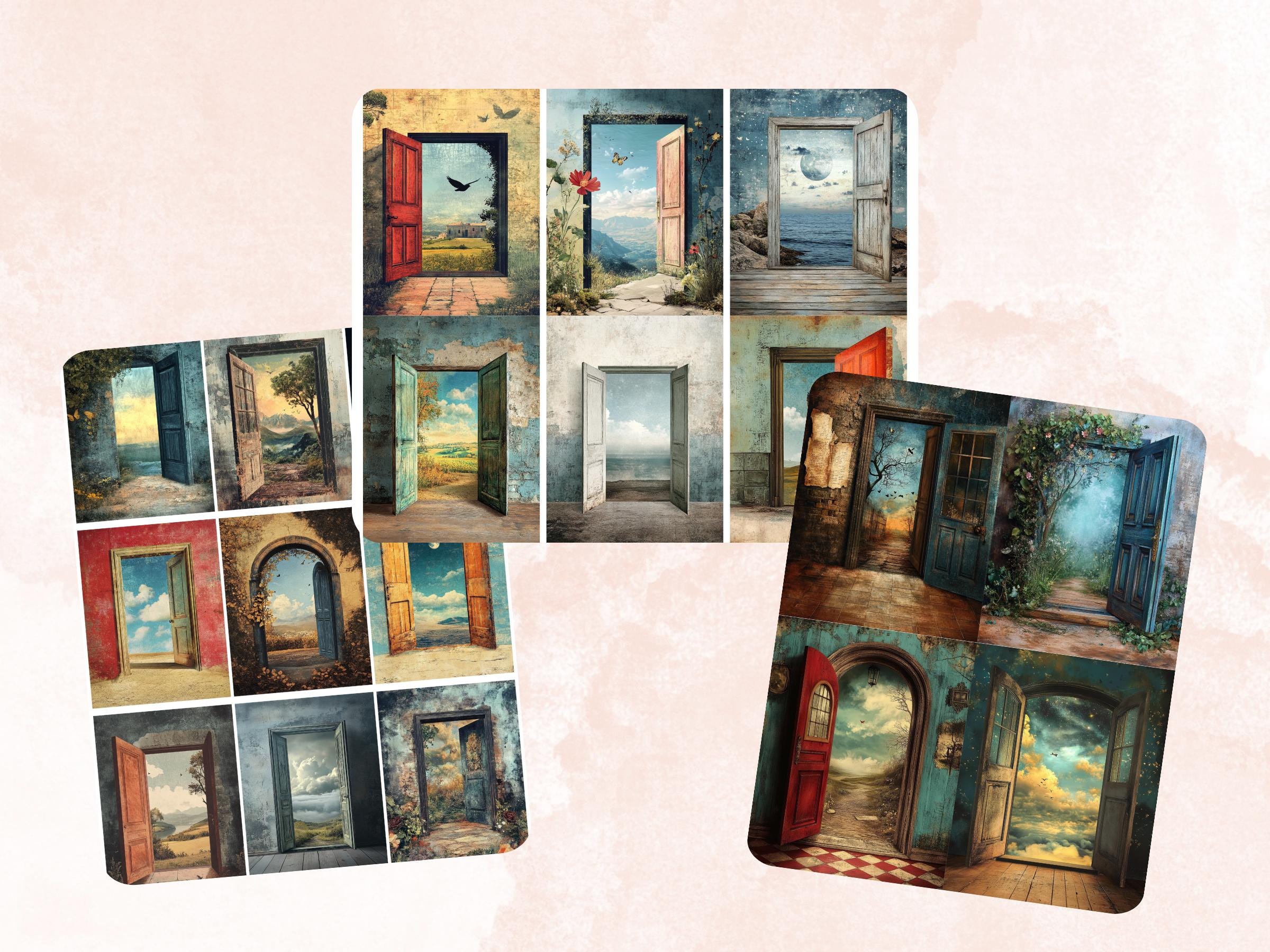 Fantasy Open Door Collage Paper, Surreal Mixed Media Sheet, Magical Door Background, Whimsical Ephemera Images, Quirky Journal, Scrapbook