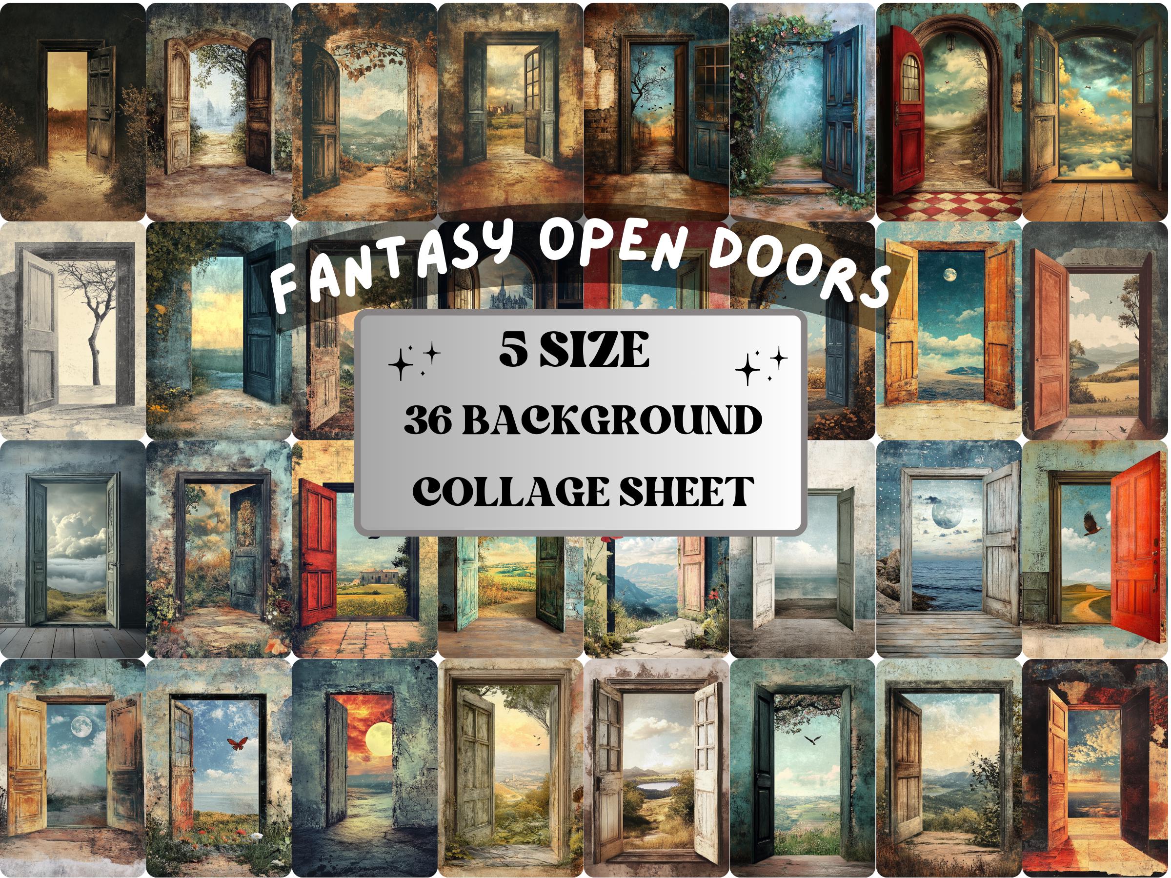 Fantasy Open Door Collage Paper, Surreal Mixed Media Sheet, Magical Door Background, Whimsical Ephemera Images, Quirky Journal, Scrapbook