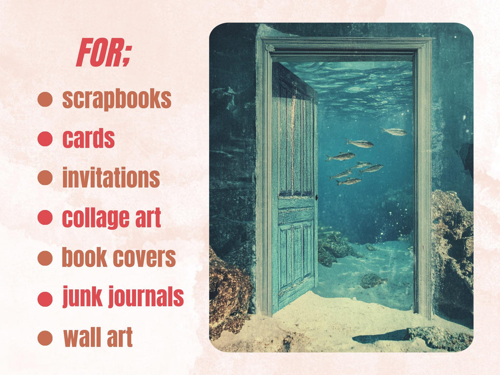 Underwater Door Collage Paper, Under the Sea Mixed Media Sheet, Whimsy Door Background, Whimsical Ephemera Images, Quirky Journal, Scrapbook
