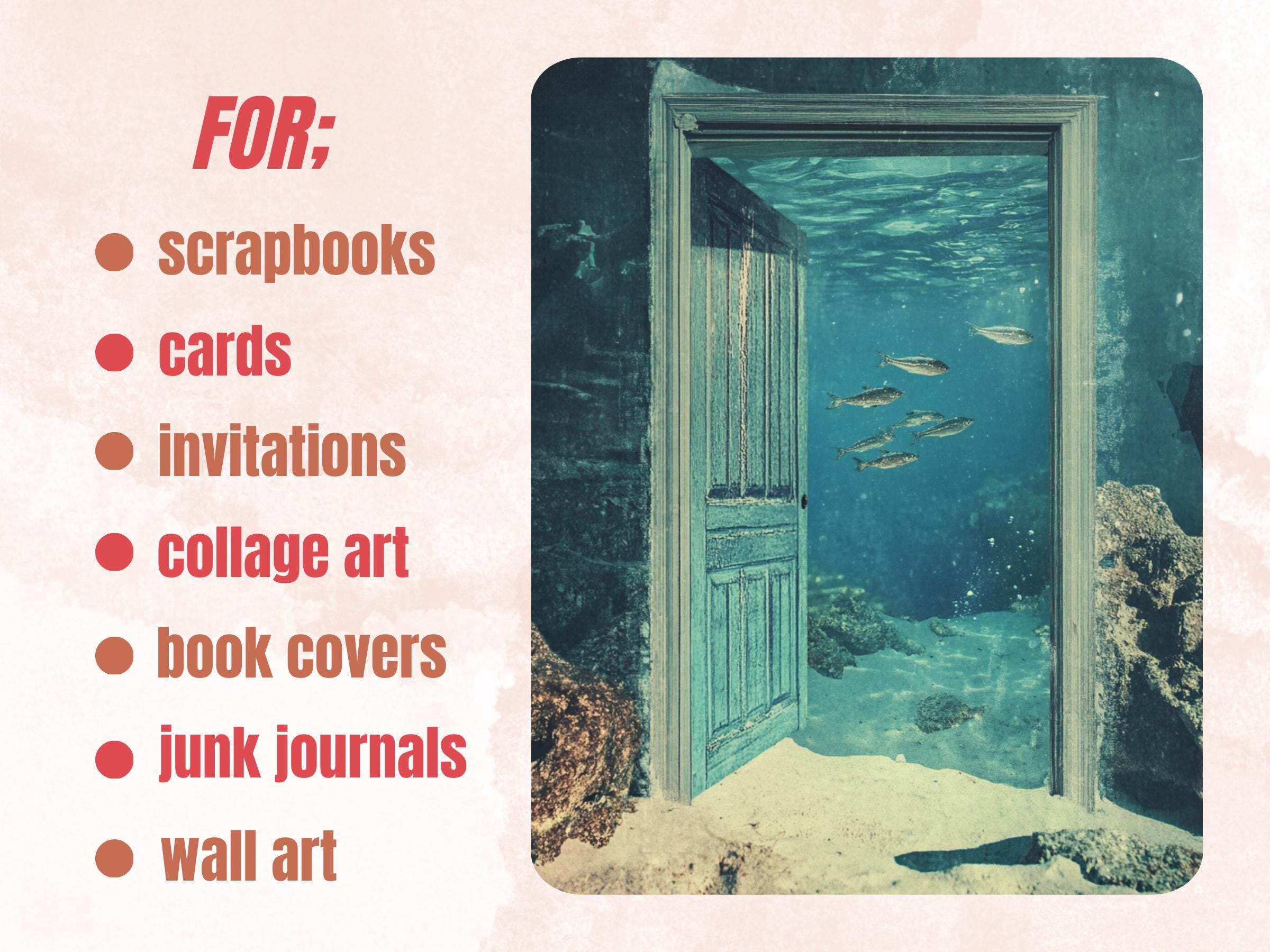 Underwater Door Collage Paper, Under the Sea Mixed Media Sheet, Whimsy Door Background, Whimsical Ephemera Images, Quirky Journal, Scrapbook