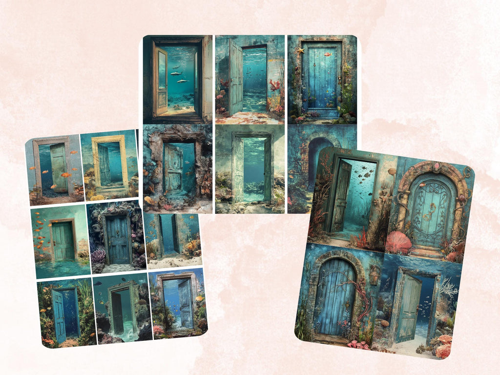 Underwater Door Collage Paper, Under the Sea Mixed Media Sheet, Whimsy Door Background, Whimsical Ephemera Images, Quirky Journal, Scrapbook
