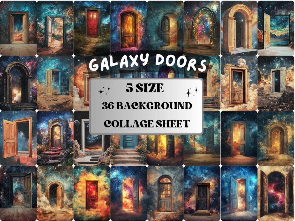 Galaxy Door Collage Paper, Surreal Mixed Media Sheet, Celestial Door Background, Whimsical Ephemera Images, Quirky Journal, Scrapbook