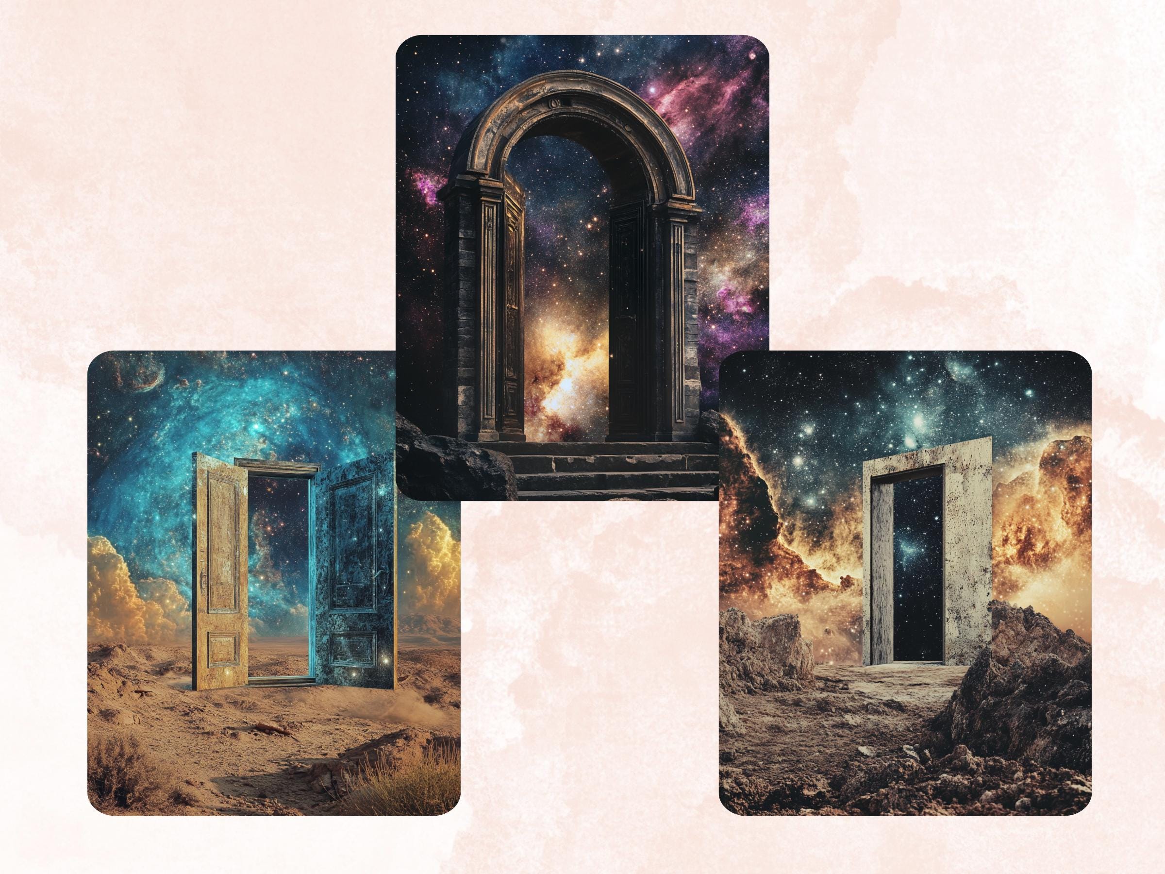 Galaxy Door Collage Paper, Surreal Mixed Media Sheet, Celestial Door Background, Whimsical Ephemera Images, Quirky Journal, Scrapbook