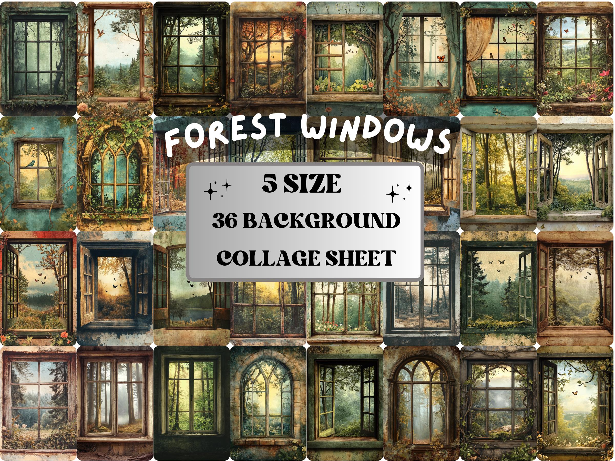 Forest Windows Collage Paper, Surreal Forest Mixed Media Art, Floral Window Background, Whimsical Ephemera Images, Quirky Journal, Scrapbook