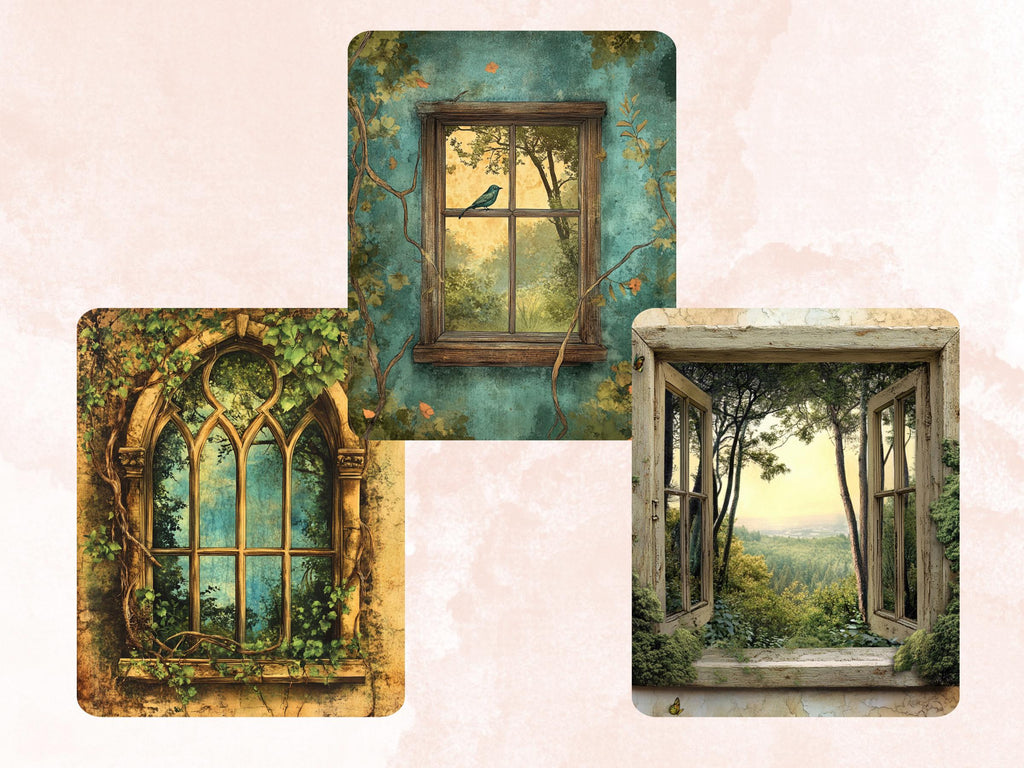 Forest Windows Collage Paper, Surreal Forest Mixed Media Art, Floral Window Background, Whimsical Ephemera Images, Quirky Journal, Scrapbook