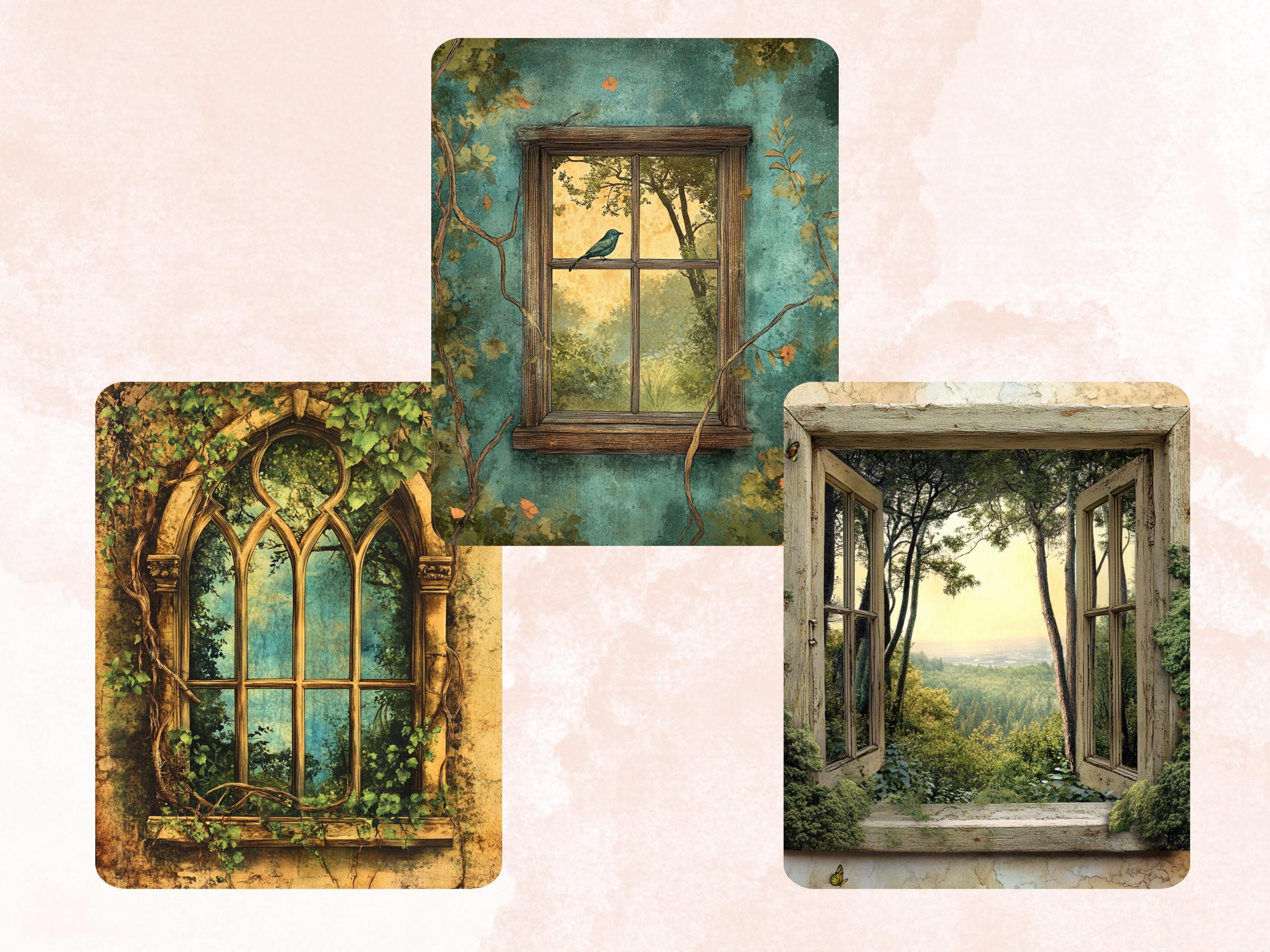 Forest Windows Collage Paper, Surreal Forest Mixed Media Art, Floral Window Background, Whimsical Ephemera Images, Quirky Journal, Scrapbook