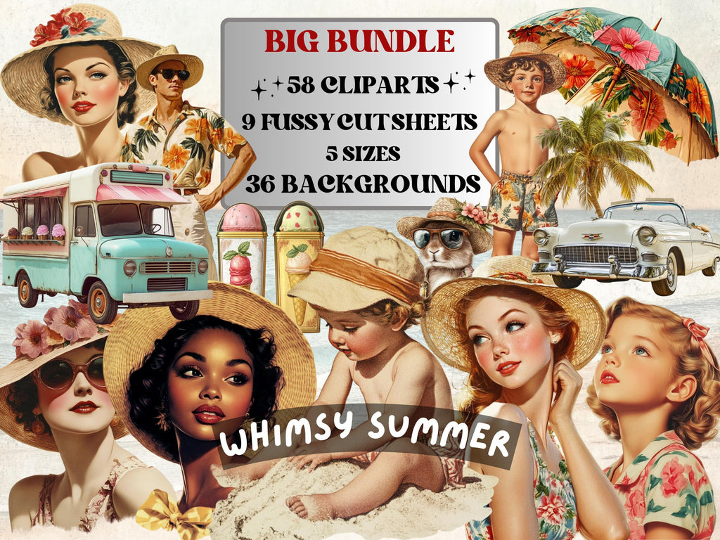 Whimsy Summer Collage Elements, Whimsical Beach Woman Fussy Cut, Quirky Vacation Clipart, Summer Junk Journal, Surreal Clipart Background