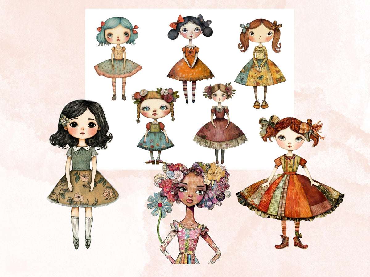 Whimsical Girls Mixed Media Clipart, Whimsy Girl Fussy Cut Collage Sheet, Quirky Cut Out Ephemera, PNG + JPG for Scrapbooking, Junk Journal