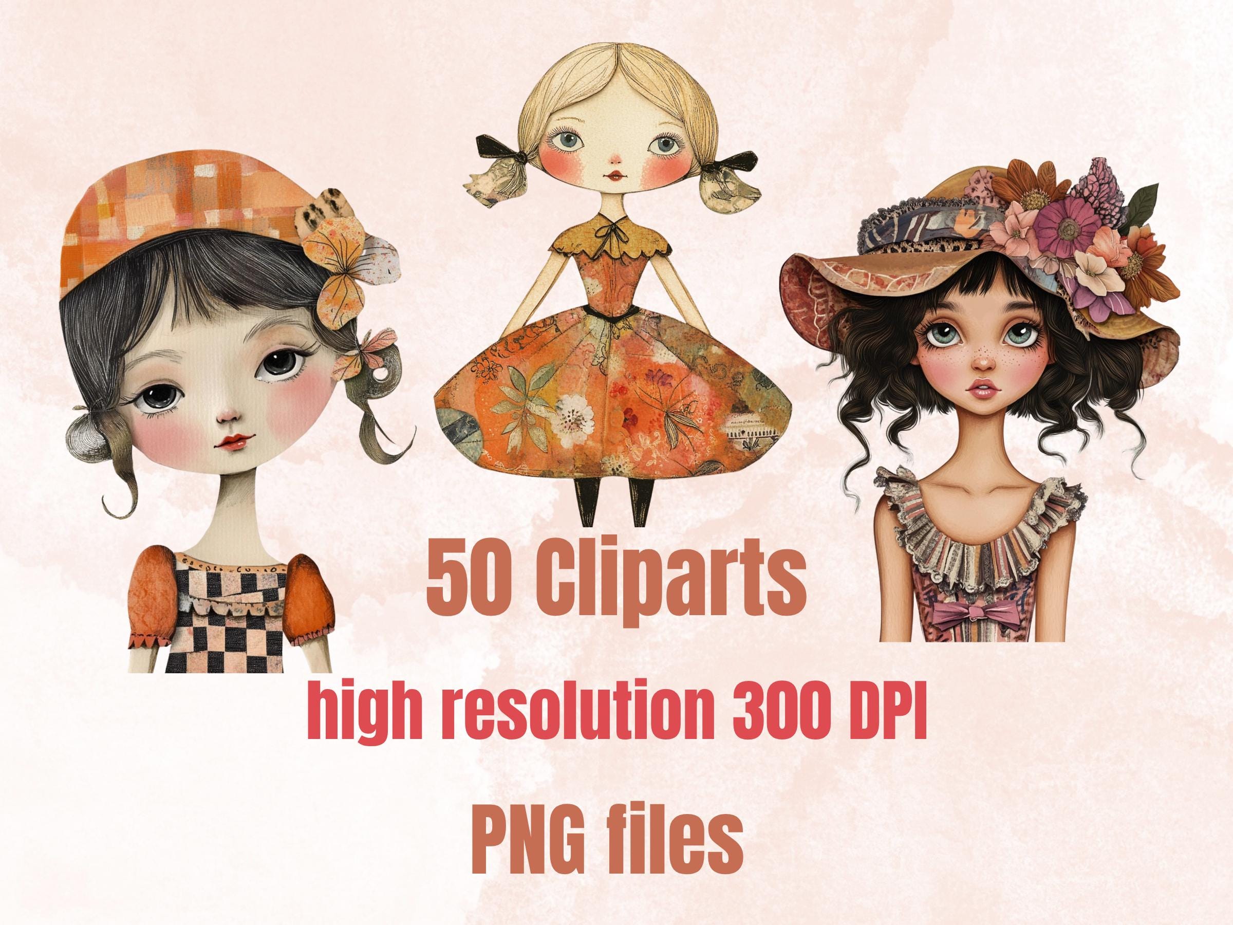 Whimsical Girls Mixed Media Clipart, Whimsy Girl Fussy Cut Collage Sheet, Quirky Cut Out Ephemera, PNG + JPG for Scrapbooking, Junk Journal