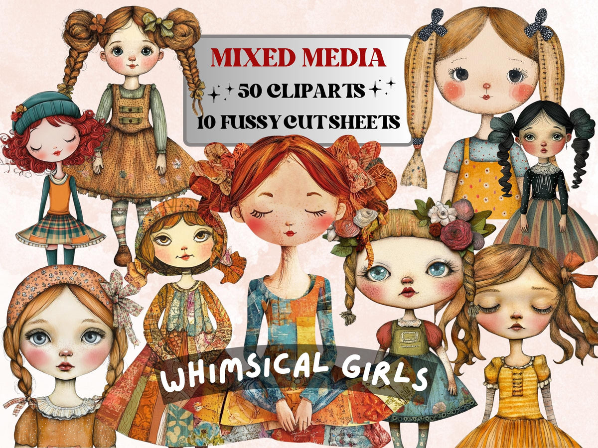 Whimsical Girls Mixed Media Clipart, Whimsy Girl Fussy Cut Collage Sheet, Quirky Cut Out Ephemera, PNG + JPG for Scrapbooking, Junk Journal