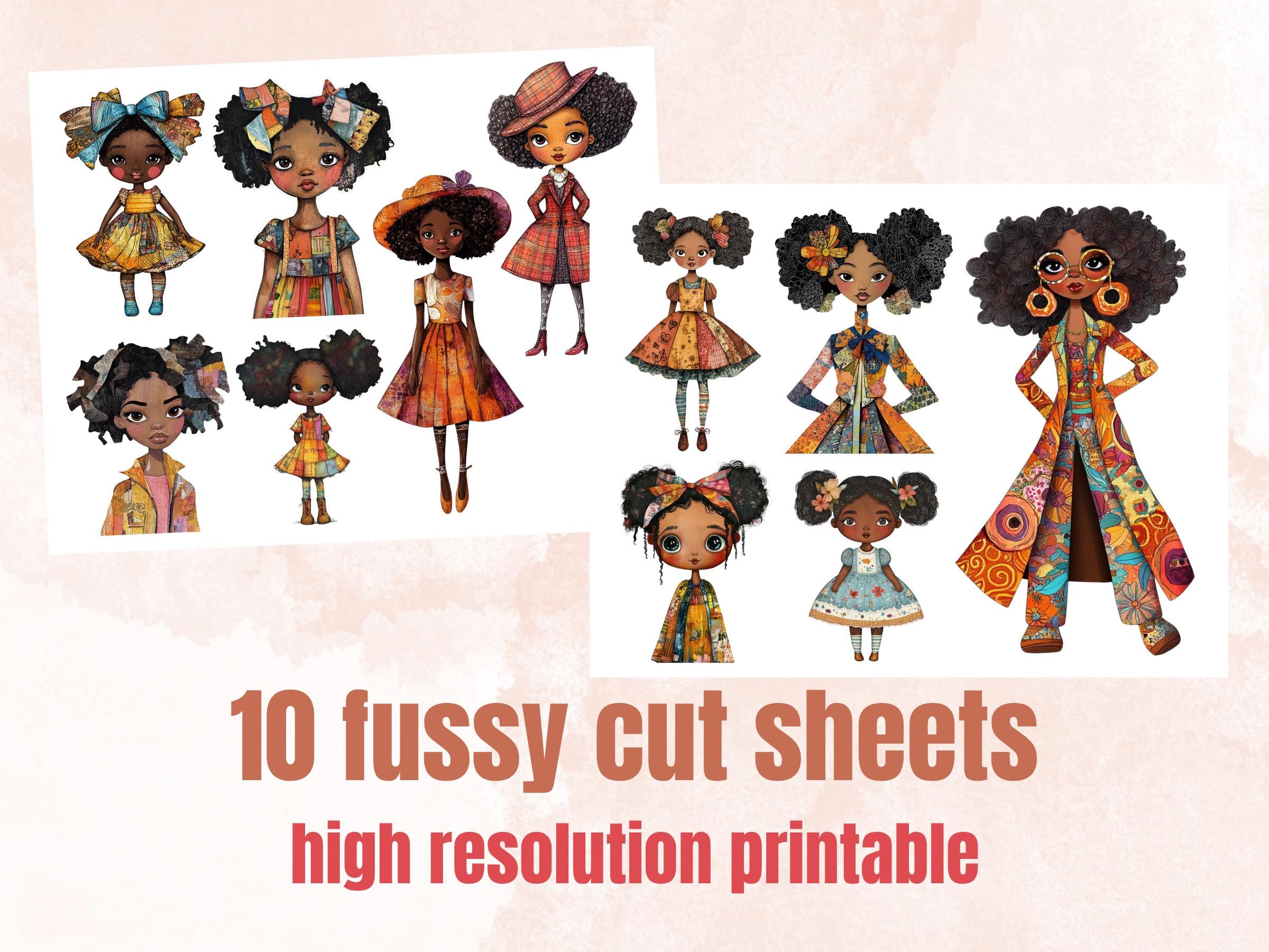 Whimsical Black Girls Mixed Media Clipart, Whimsy Afro Girl Fussy Cut Collage Sheet, Quirky Cut Out Ephemera, Scrapbooking, Junk Journal