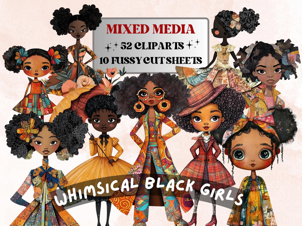 Whimsical Black Girls Mixed Media Clipart, Whimsy Afro Girl Fussy Cut Collage Sheet, Quirky Cut Out Ephemera, Scrapbooking, Junk Journal