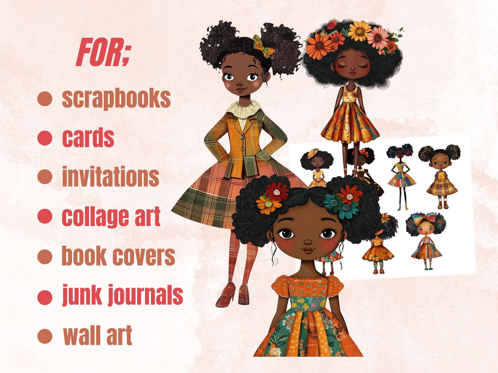 Whimsical Black Girls Mixed Media Clipart, Whimsy Afro Girl Fussy Cut Collage Sheet, Quirky Cut Out Ephemera, Scrapbooking, Junk Journal