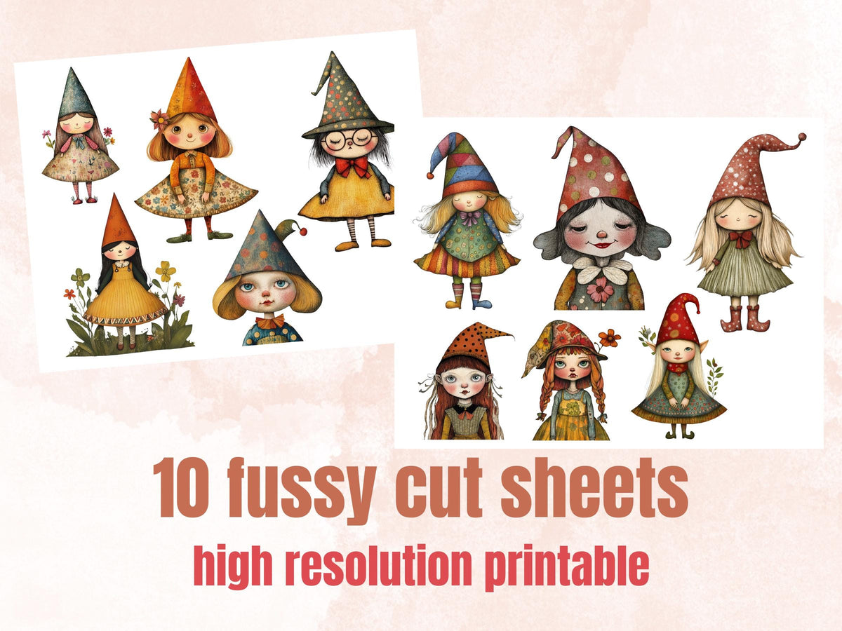 Whimsical Gnome Girls Mixed Media Clipart, Whimsy Garden Girl Fussy Cut Collage Sheet, Quirky Cut Out Ephemera, Scrapbooking, Junk Journal