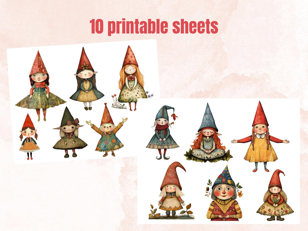 Whimsical Gnome Girls Mixed Media Clipart, Whimsy Garden Girl Fussy Cut Collage Sheet, Quirky Cut Out Ephemera, Scrapbooking, Junk Journal