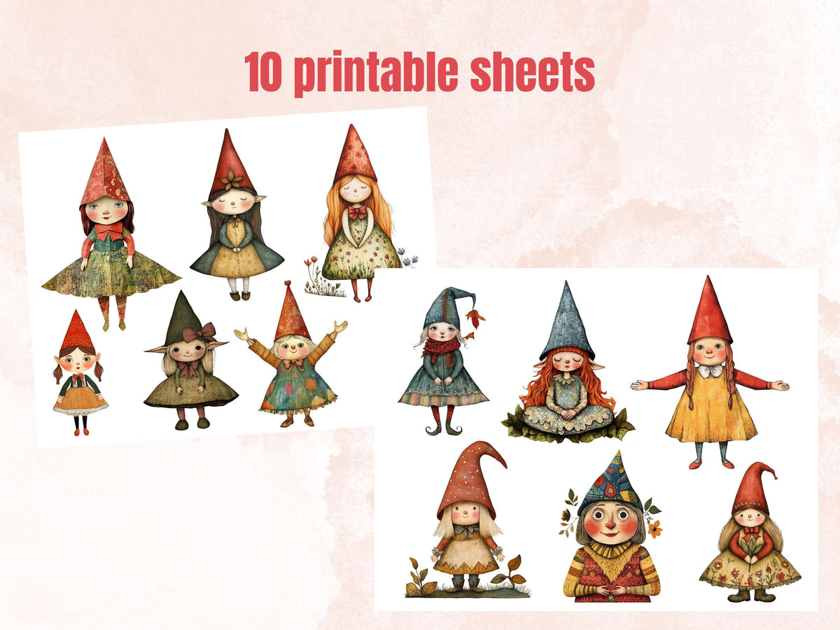 Whimsical Gnome Girls Mixed Media Clipart, Whimsy Garden Girl Fussy Cut Collage Sheet, Quirky Cut Out Ephemera, Scrapbooking, Junk Journal