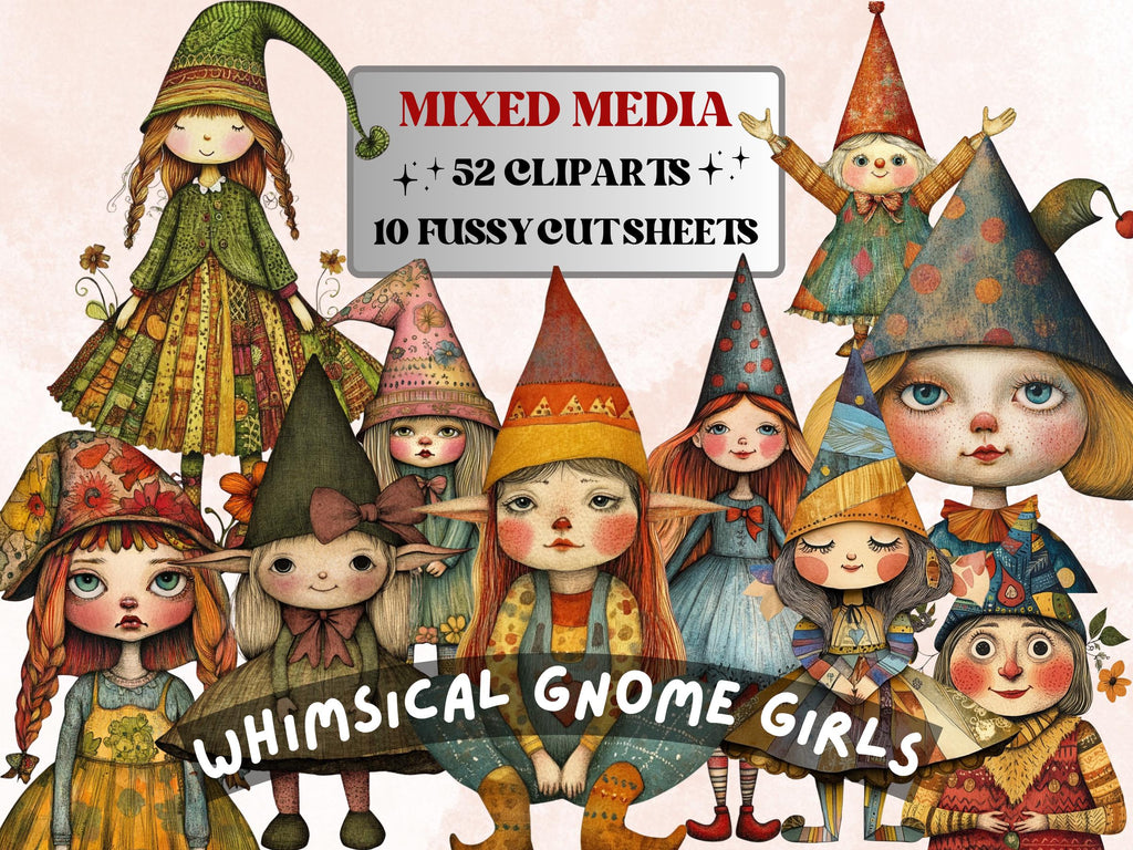 Whimsical Gnome Girls Mixed Media Clipart, Whimsy Garden Girl Fussy Cut Collage Sheet, Quirky Cut Out Ephemera, Scrapbooking, Junk Journal