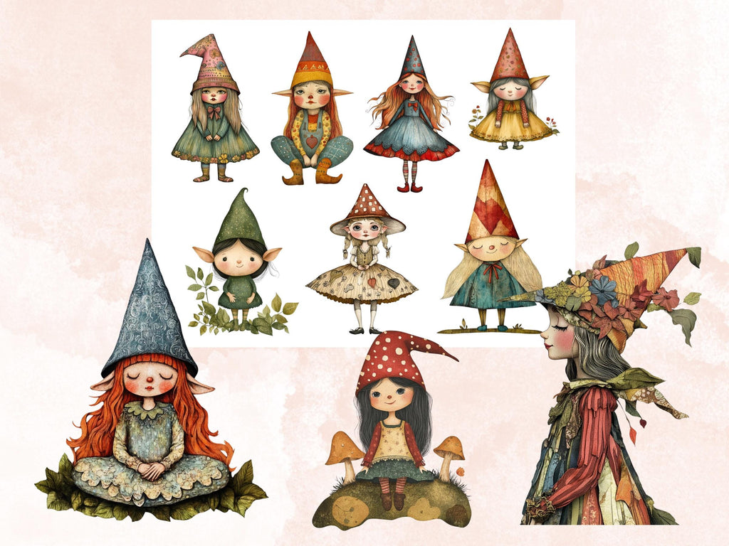 Whimsical Gnome Girls Mixed Media Clipart, Whimsy Garden Girl Fussy Cut Collage Sheet, Quirky Cut Out Ephemera, Scrapbooking, Junk Journal
