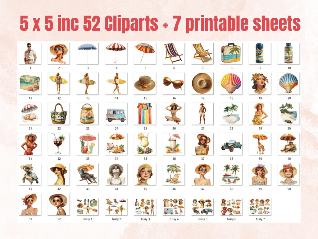 Whimsy Beach Day Collage Elements, Whimsical Beach Woman Fussy Cut, Quirky Vacation Clipart, Summer Junk Journal, Surreal Clipart Background