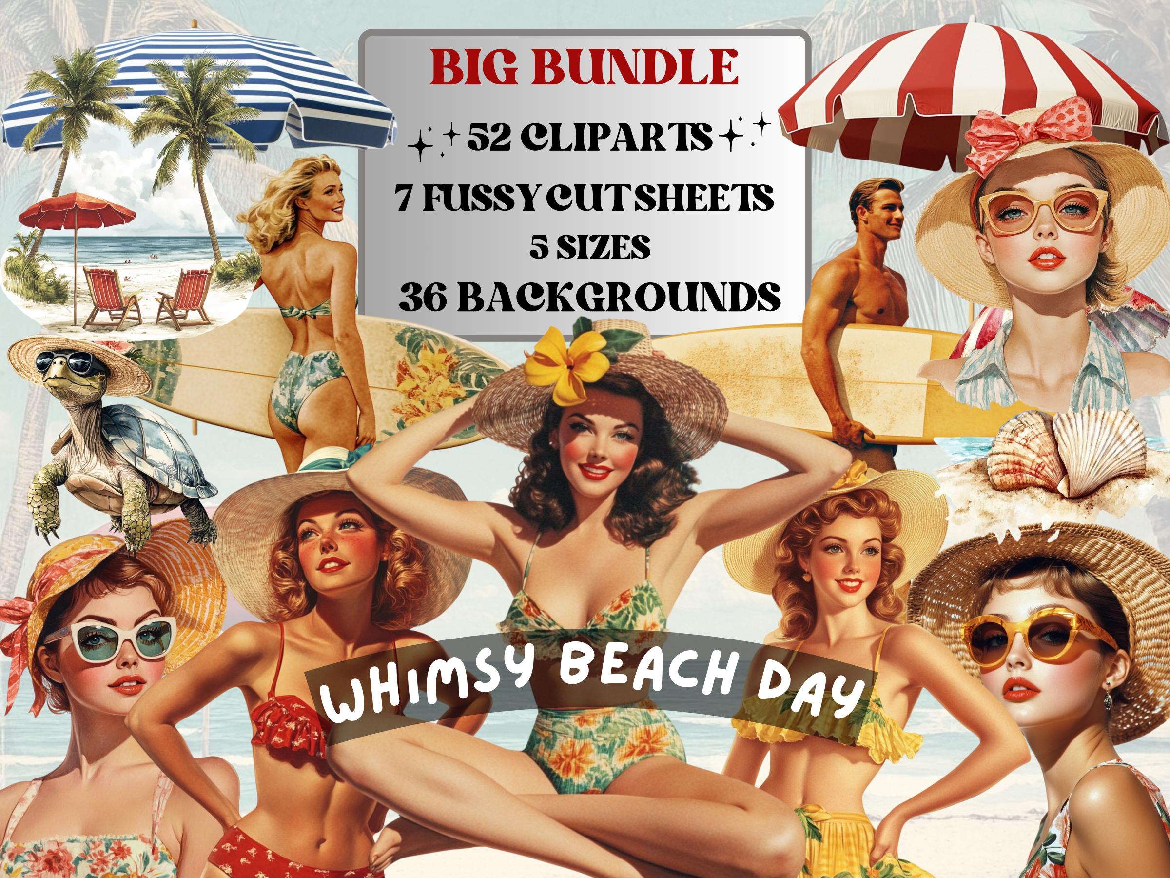 Whimsy Beach Day Collage Elements, Whimsical Beach Woman Fussy Cut, Quirky Vacation Clipart, Summer Junk Journal, Surreal Clipart Background