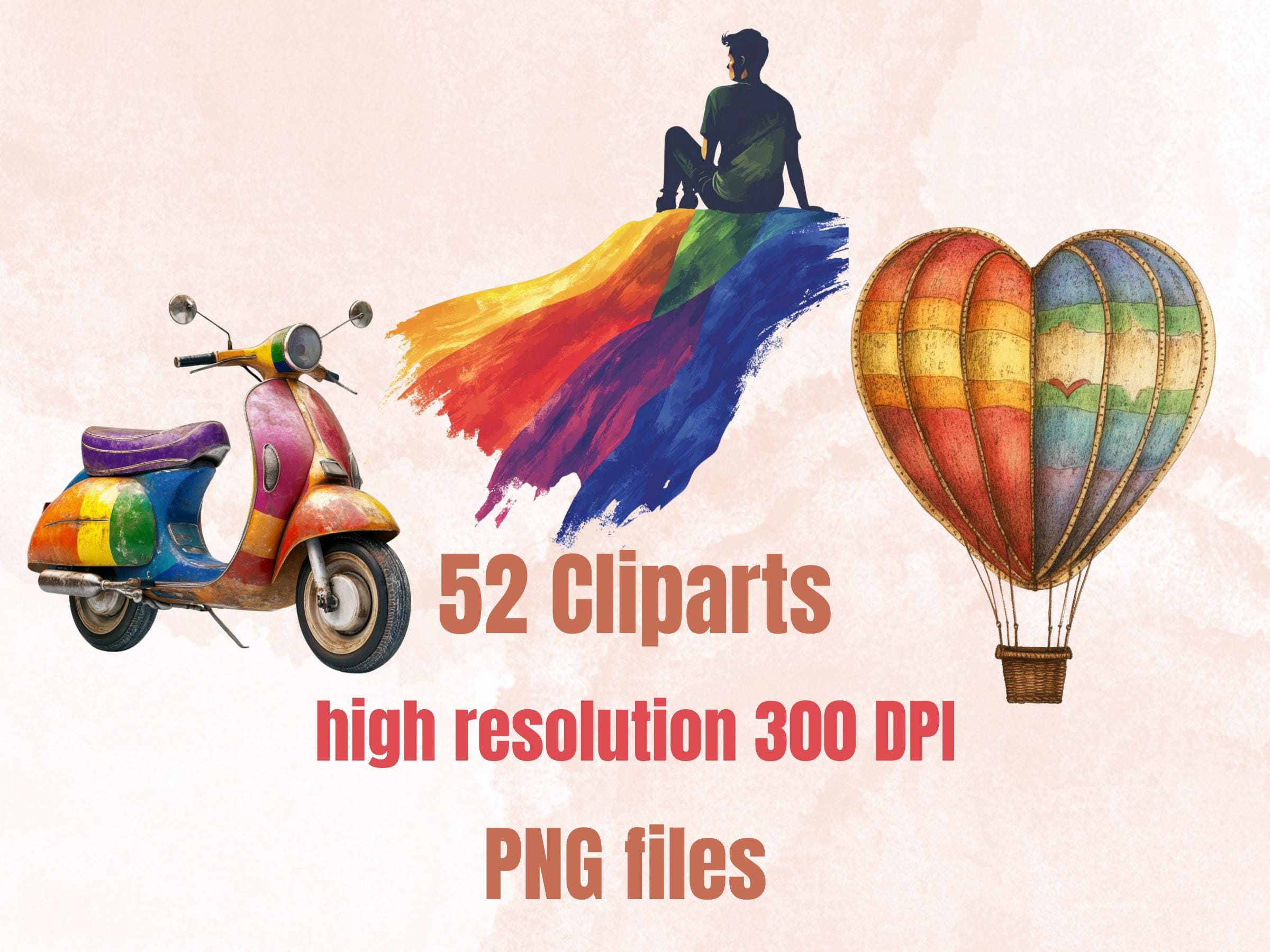 Whimsy Pride Collage Elements, Whimsical Surreal LGBT Fussy Cut, Quirky Rainbow LGBT Clipart, Gay Lesbian Junk Journal, Clipart Background