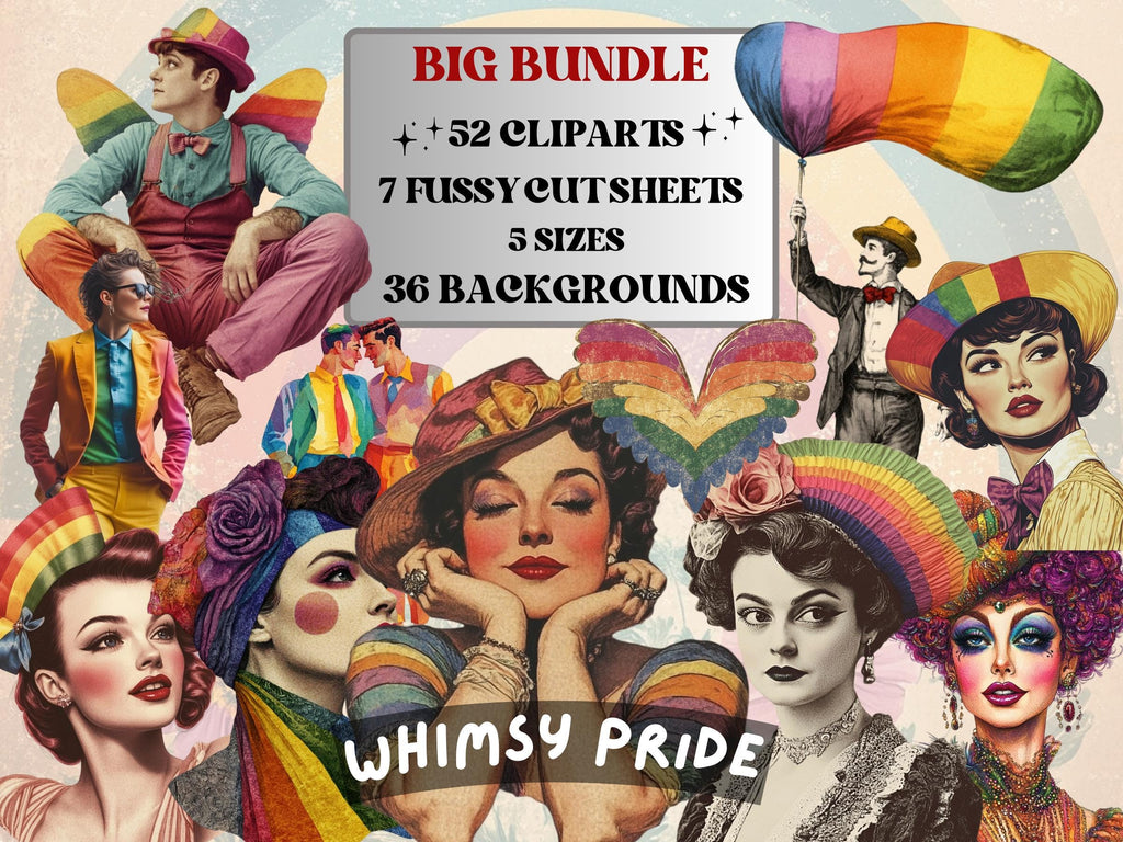Whimsy Pride Collage Elements, Whimsical Surreal LGBT Fussy Cut, Quirky Rainbow LGBT Clipart, Gay Lesbian Junk Journal, Clipart Background