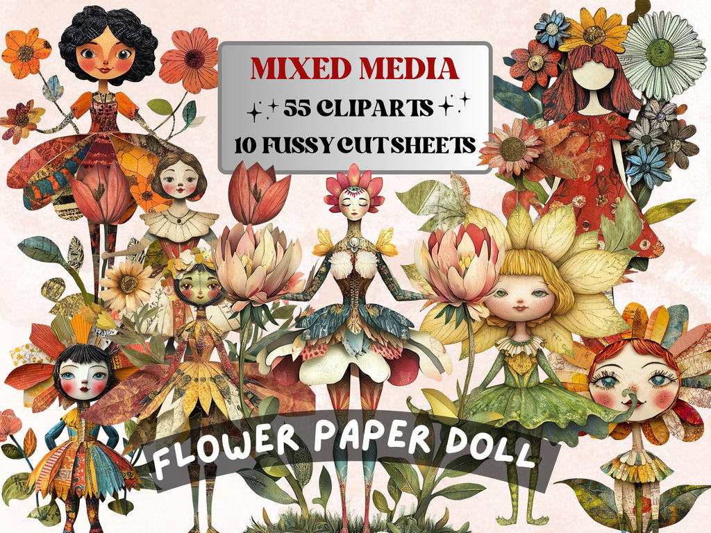 Whimsical Flower Girl Mixed Media Clipart, Whimsy Floral Fussy Cut Collage Sheet, Quirky Cut Out Ephemera, for Scrapbooking, Junk Journal