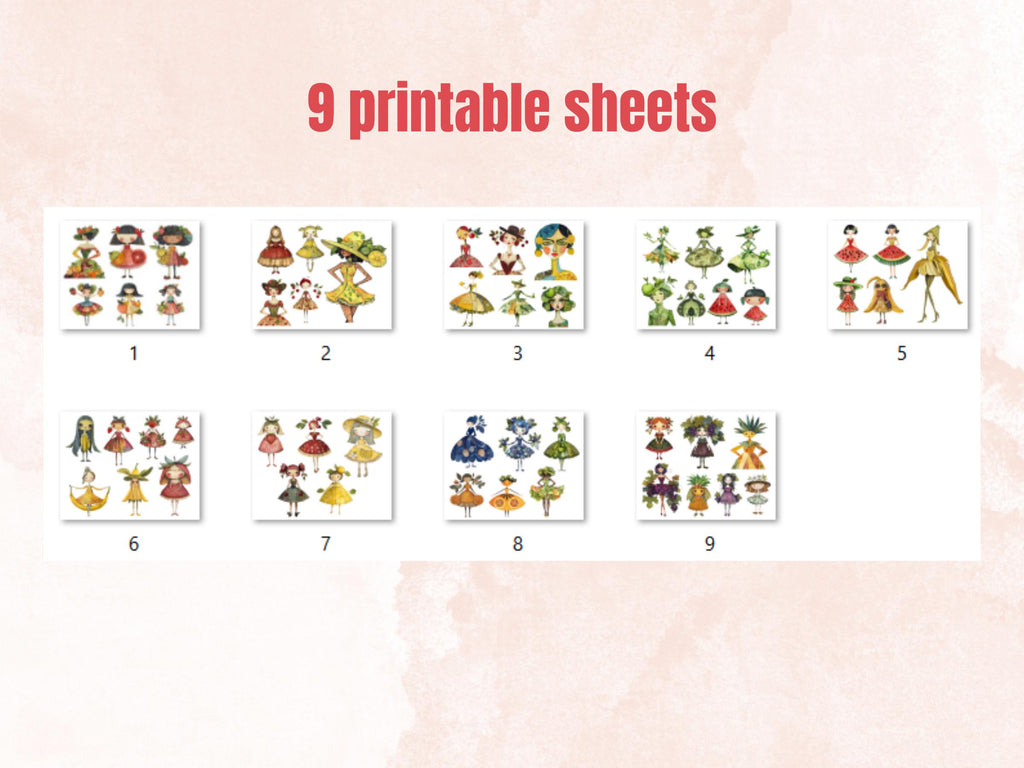 Whimsical Fruit Girls Mixed Media Clipart, Whimsy Fruit Doll Fussy Cut Collage Sheet, Quirky Cut Out Ephemera, PNG + JPG for Scrapbooking