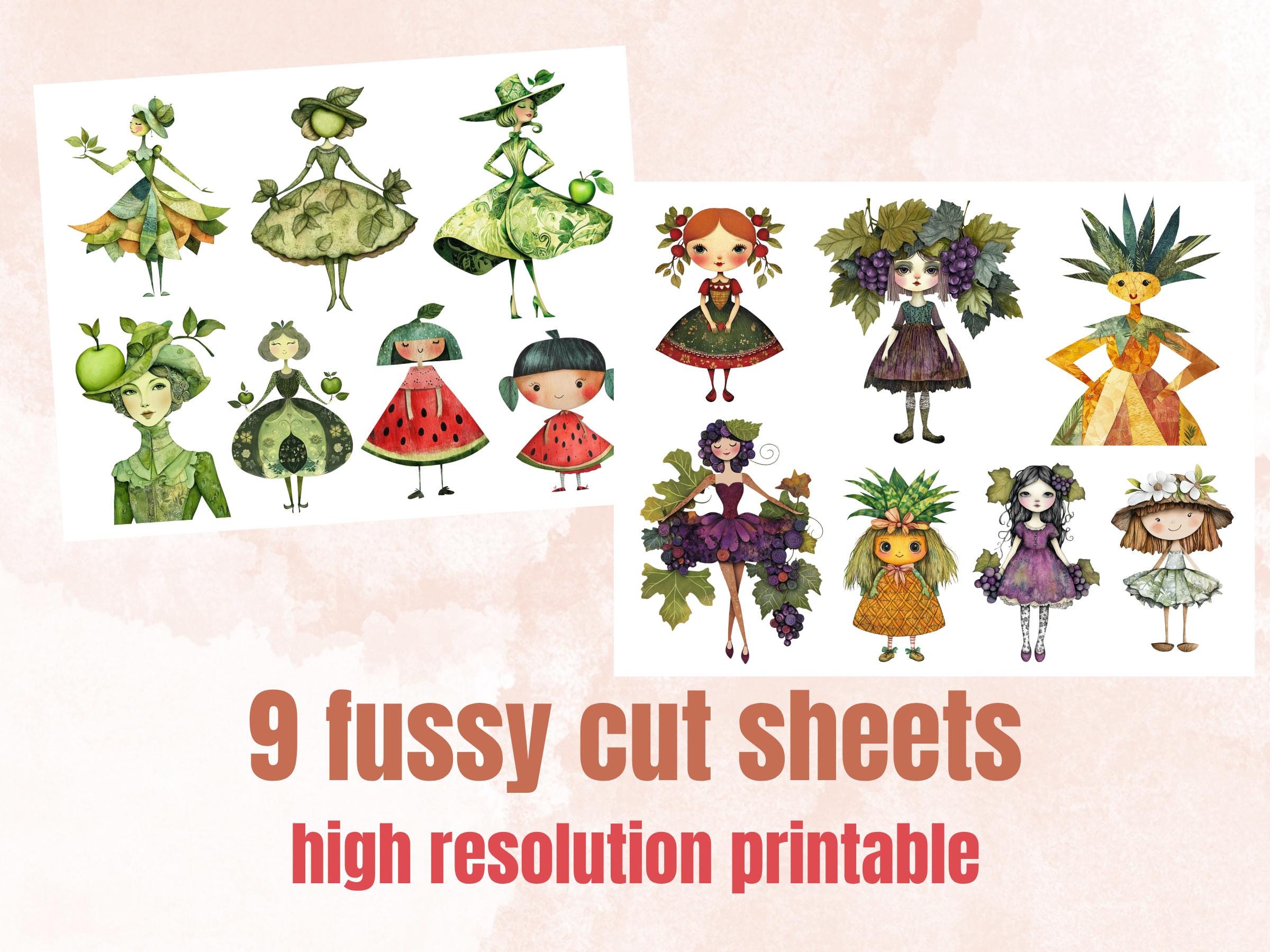 Whimsical Fruit Girls Mixed Media Clipart, Whimsy Fruit Doll Fussy Cut Collage Sheet, Quirky Cut Out Ephemera, PNG + JPG for Scrapbooking