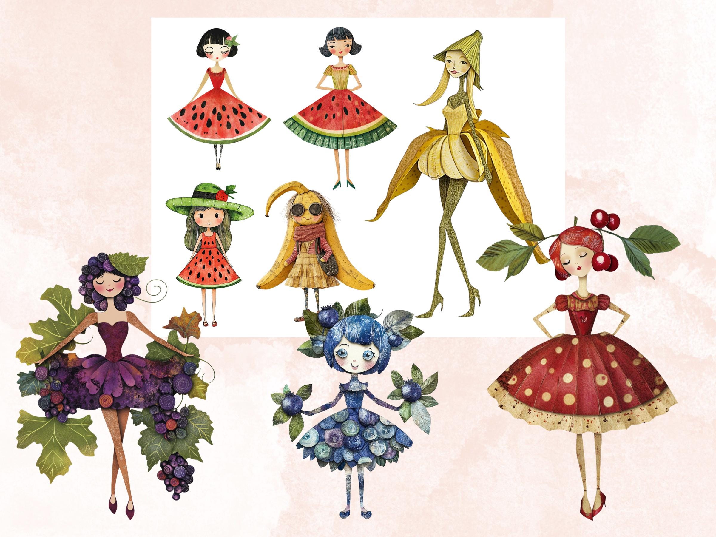 Whimsical Fruit Girls Mixed Media Clipart, Whimsy Fruit Doll Fussy Cut Collage Sheet, Quirky Cut Out Ephemera, PNG + JPG for Scrapbooking