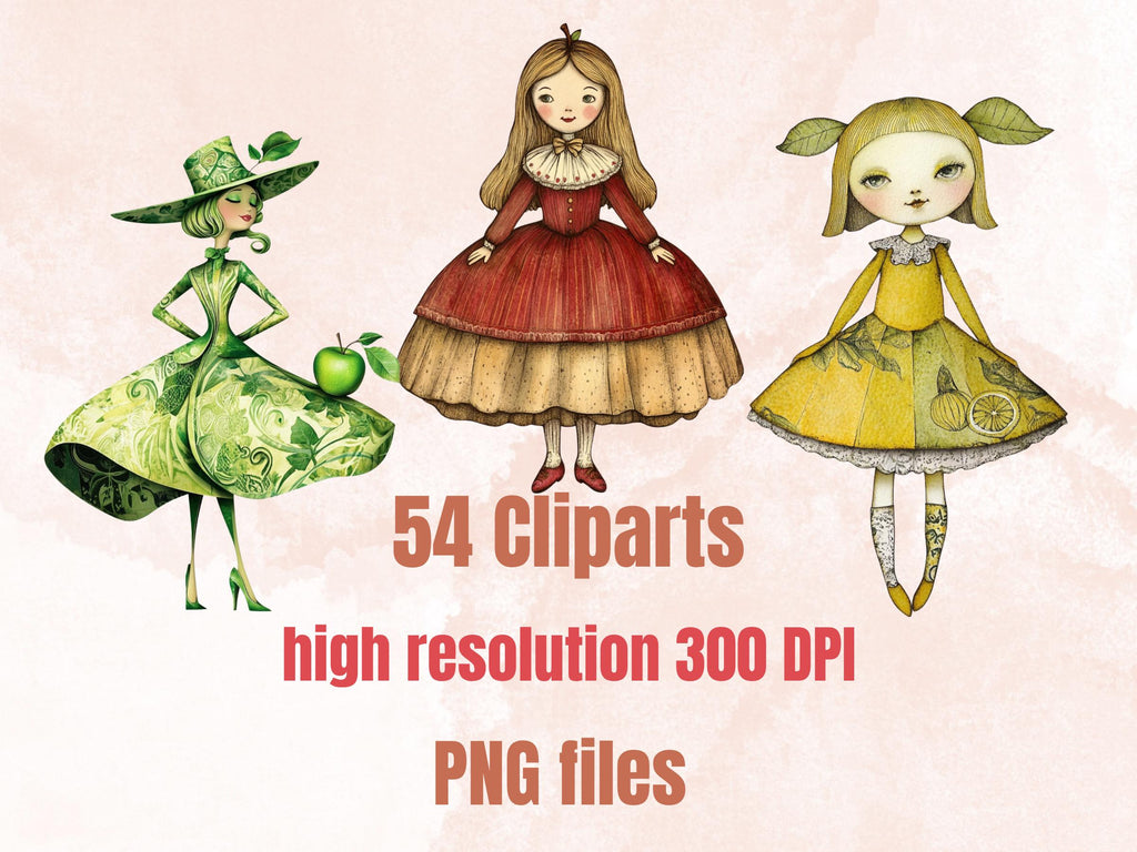 Whimsical Fruit Girls Mixed Media Clipart, Whimsy Fruit Doll Fussy Cut Collage Sheet, Quirky Cut Out Ephemera, PNG + JPG for Scrapbooking
