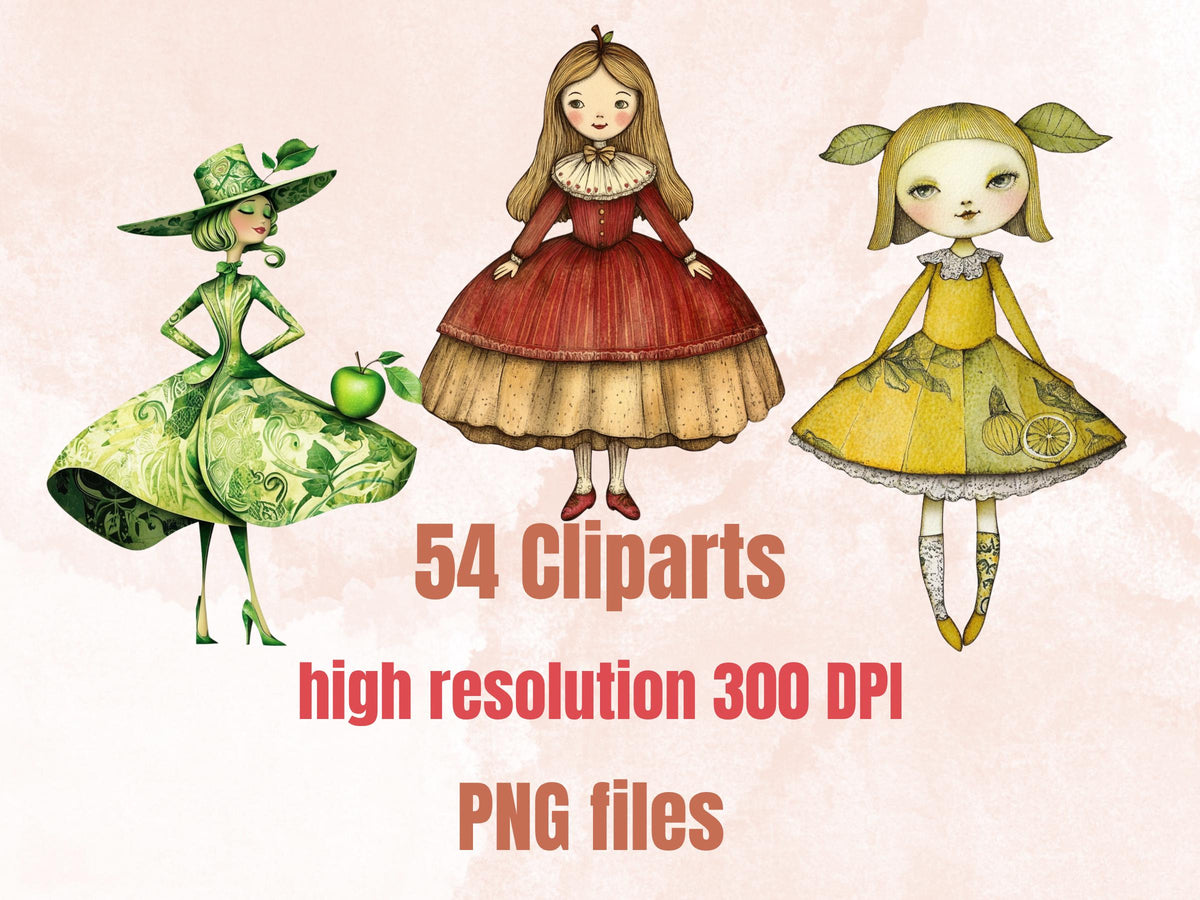 Whimsical Fruit Girls Mixed Media Clipart, Whimsy Fruit Doll Fussy Cut Collage Sheet, Quirky Cut Out Ephemera, PNG + JPG for Scrapbooking
