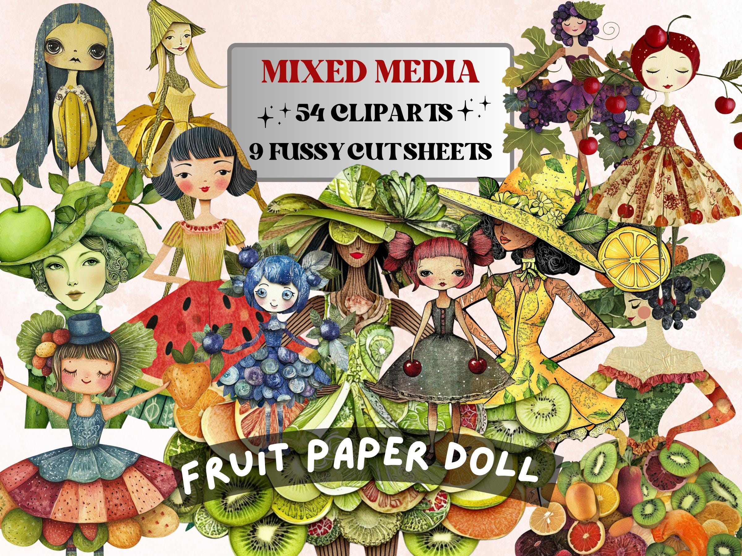 Whimsical Fruit Girls Mixed Media Clipart, Whimsy Fruit Doll Fussy Cut Collage Sheet, Quirky Cut Out Ephemera, PNG + JPG for Scrapbooking