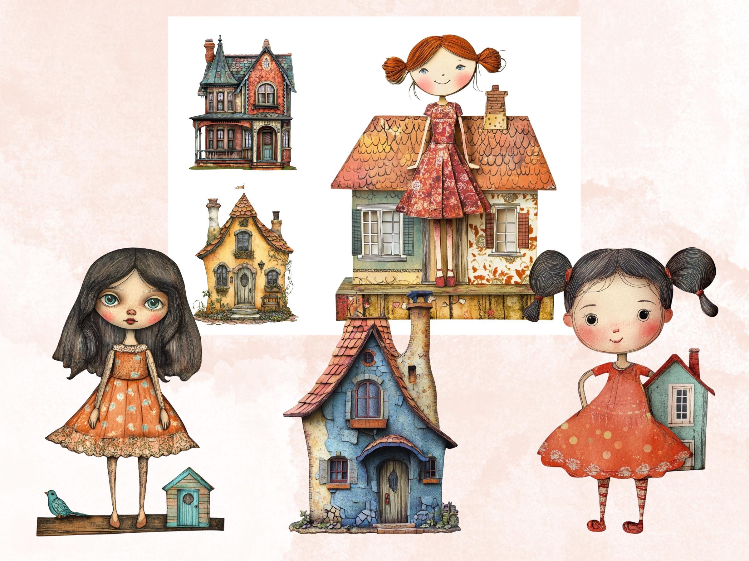 Whimsical House Mixed Media Clipart, Whimsy House Doll Fussy Cut Collage Sheet, Quirky House Cut Out Ephemera, PNG + JPG for Scrapbooking