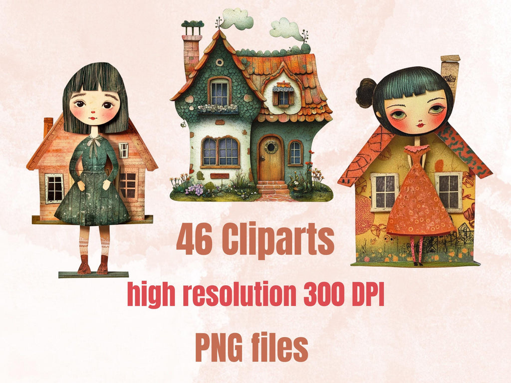 Whimsical House Mixed Media Clipart, Whimsy House Doll Fussy Cut Collage Sheet, Quirky House Cut Out Ephemera, PNG + JPG for Scrapbooking
