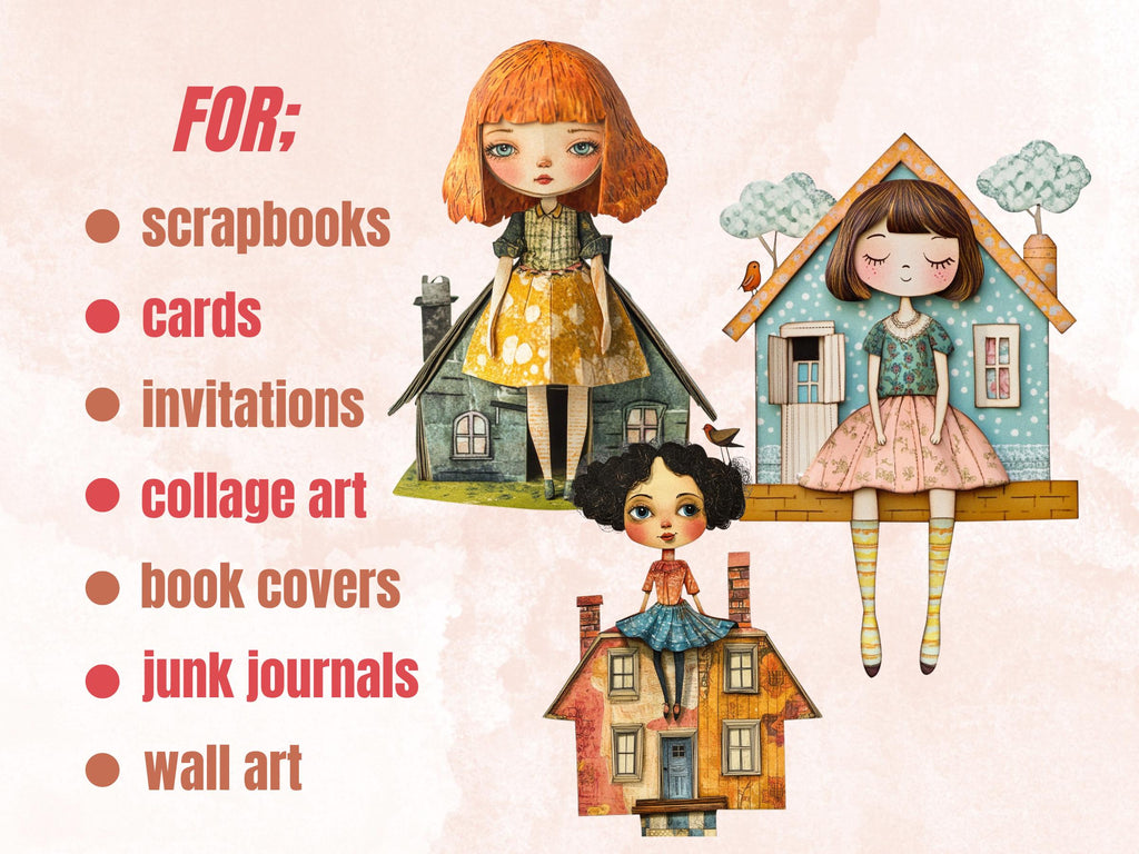 Whimsical House Mixed Media Clipart, Whimsy House Doll Fussy Cut Collage Sheet, Quirky House Cut Out Ephemera, PNG + JPG for Scrapbooking