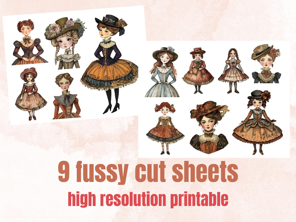 Whimsical Victorian Girls Mixed Media Clipart, Whimsy Victorian Doll Fussy Cut Collage Sheet, Quirky Cut Out Ephemera, for Scrapbooking