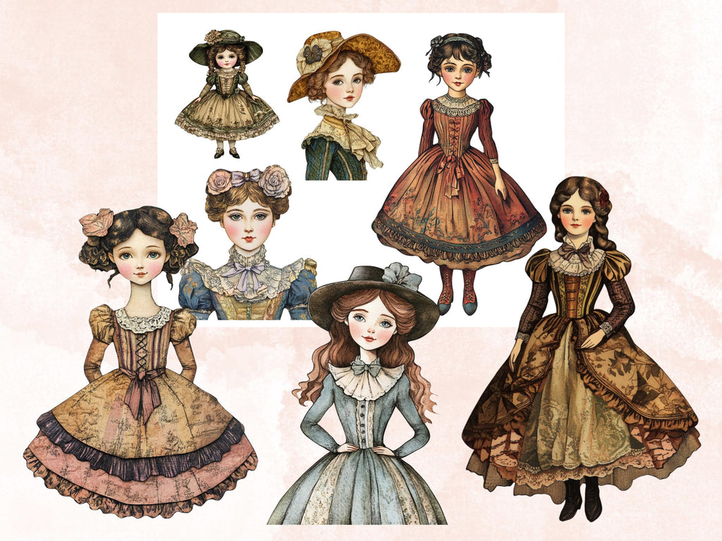 Whimsical Victorian Girls Mixed Media Clipart, Whimsy Victorian Doll Fussy Cut Collage Sheet, Quirky Cut Out Ephemera, for Scrapbooking
