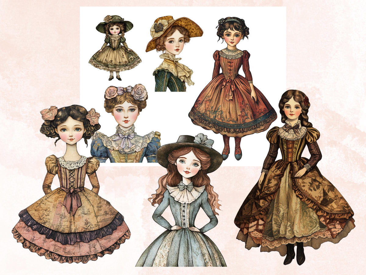 Whimsical Victorian Girls Mixed Media Clipart, Whimsy Victorian Doll Fussy Cut Collage Sheet, Quirky Cut Out Ephemera, for Scrapbooking